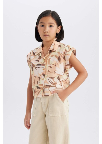 Kız Çocuk Crop Desenli Pamuklu Kısa Kollu Gömlek D9144A825SM