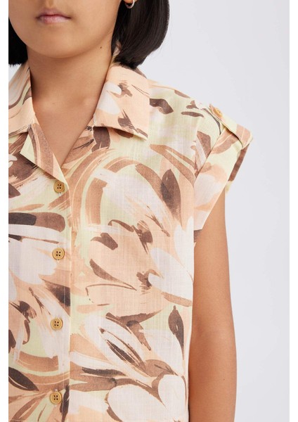 Kız Çocuk Crop Desenli Pamuklu Kısa Kollu Gömlek D9144A825SM