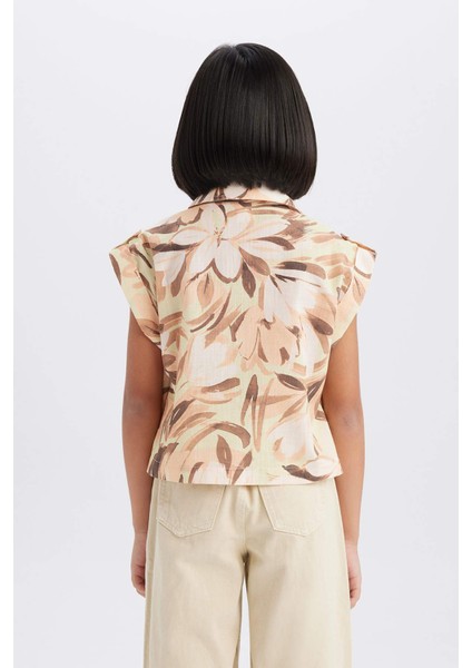 Kız Çocuk Crop Desenli Pamuklu Kısa Kollu Gömlek D9144A825SM