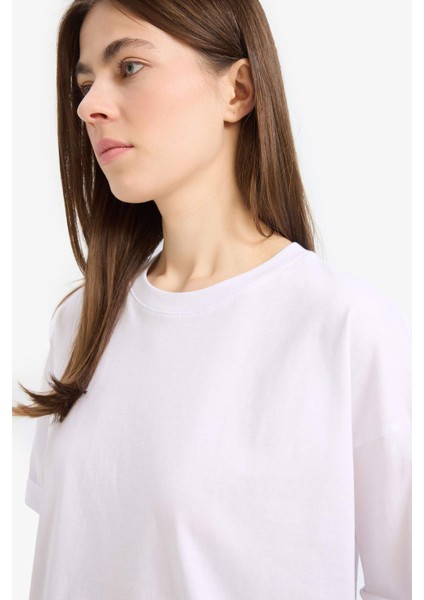 Oversize Geniş Kalıp Bisiklet Yaka Penye Basic Düz Kısa Kollu Beyaz Tişört C0099AX25SP