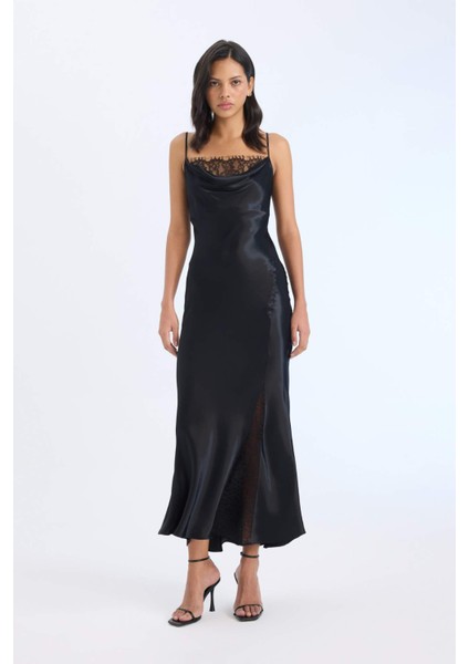 Degaje Yaka A Kesim Saten Askılı Midi Abiye Elbise E0471AX24AU