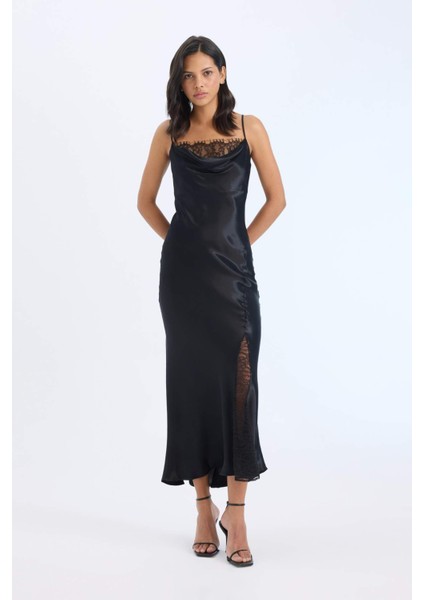 Degaje Yaka A Kesim Saten Askılı Midi Abiye Elbise E0471AX24AU