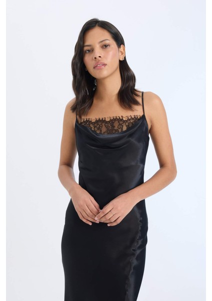 Degaje Yaka A Kesim Saten Askılı Midi Abiye Elbise E0471AX24AU