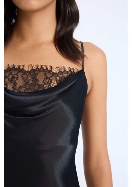 Degaje Yaka A Kesim Saten Askılı Midi Abiye Elbise E0471AX24AU