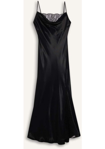 Degaje Yaka A Kesim Saten Askılı Midi Abiye Elbise E0471AX24AU