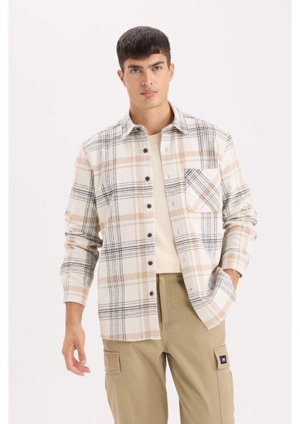 Regular Fit Polo Yaka Kareli Flanel Uzun Kollu Gömlek E2763AX24WN