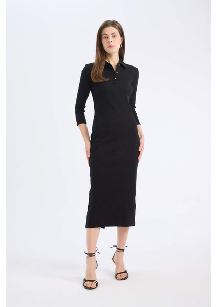 Bodycon Vücudu Saran Polo Yaka Basic Düz Fitilli Kaşkorse Yarım Kollu Midi Elbise E2245AX25SP