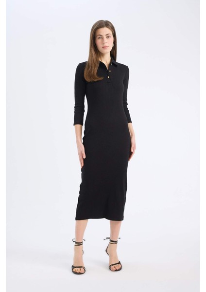 Bodycon Vücudu Saran Polo Yaka Basic Düz Fitilli Kaşkorse Yarım Kollu Midi Elbise E2245AX25SP