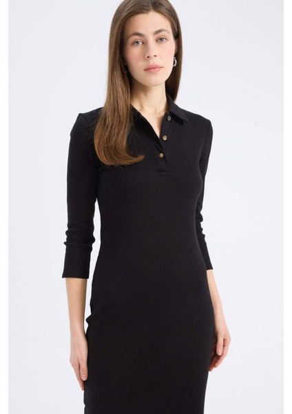 Bodycon Vücudu Saran Polo Yaka Basic Düz Fitilli Kaşkorse Yarım Kollu Midi Elbise E2245AX25SP