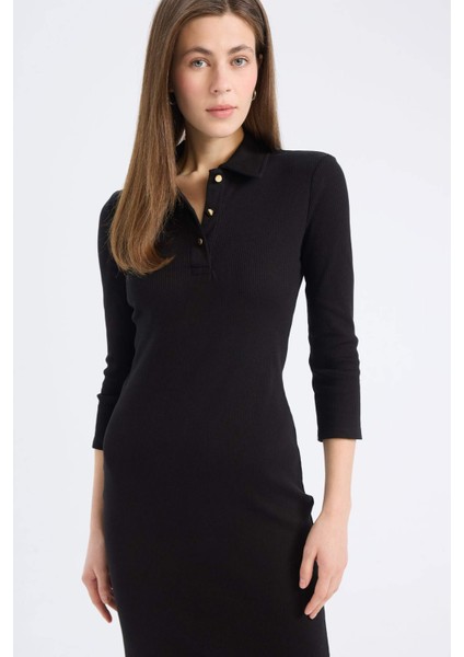 Bodycon Vücudu Saran Polo Yaka Basic Düz Fitilli Kaşkorse Yarım Kollu Midi Elbise E2245AX25SP