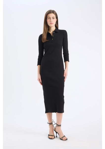 Bodycon Vücudu Saran Polo Yaka Basic Düz Fitilli Kaşkorse Yarım Kollu Midi Elbise E2245AX25SP