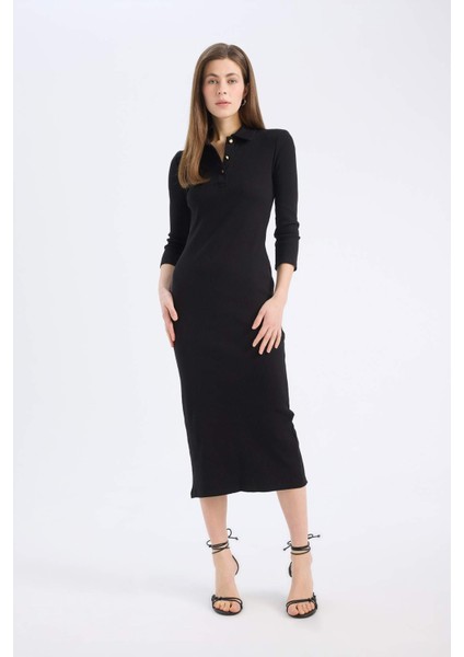 Bodycon Vücudu Saran Polo Yaka Basic Düz Fitilli Kaşkorse Yarım Kollu Midi Elbise E2245AX25SP