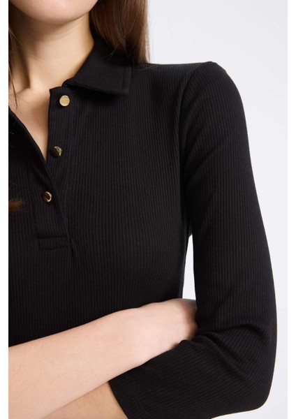 Bodycon Vücudu Saran Polo Yaka Basic Düz Fitilli Kaşkorse Yarım Kollu Midi Elbise E2245AX25SP