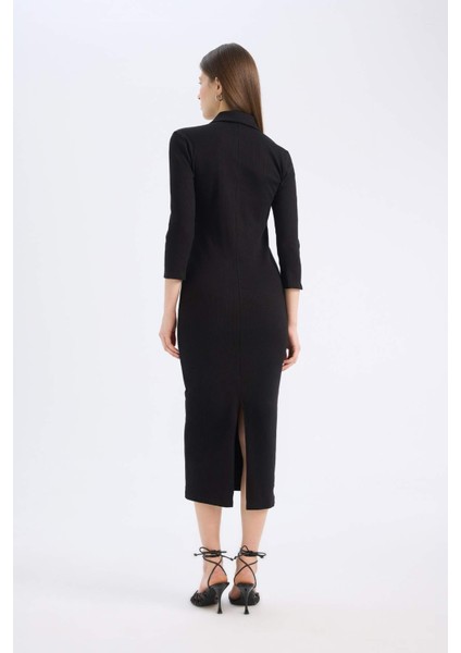 Bodycon Vücudu Saran Polo Yaka Basic Düz Fitilli Kaşkorse Yarım Kollu Midi Elbise E2245AX25SP