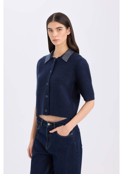 Regular Fit Polo Yaka Basic Düz Düğmeli Triko Hırka E2288AX24WN