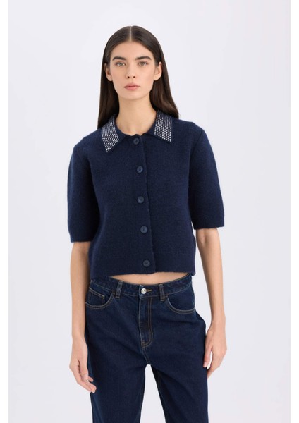 Regular Fit Polo Yaka Basic Düz Düğmeli Triko Hırka E2288AX24WN