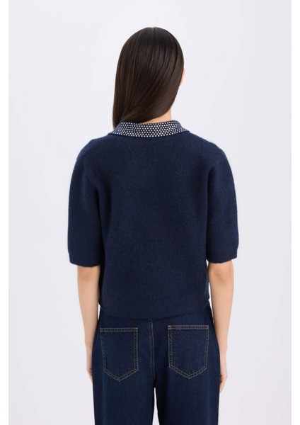 Regular Fit Polo Yaka Basic Düz Düğmeli Triko Hırka E2288AX24WN