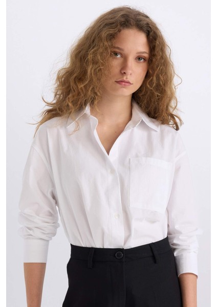 Oversize Geniş Kalıp Tek Cepli Poplin Uzun Kollu Gömlek D9174AX24AU