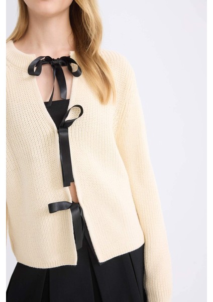 Regular Fit Bisiklet Yaka Bağlamalı Triko Hırka E2271AX24CW