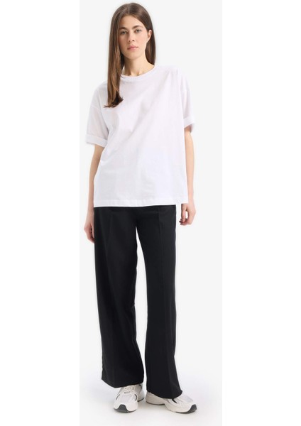 Oversize Geniş Kalıp Bisiklet Yaka Penye Basic Düz Kısa Kollu Beyaz Tişört C0099AX25SP