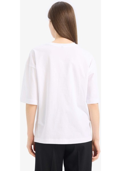 Oversize Geniş Kalıp Bisiklet Yaka Penye Basic Düz Kısa Kollu Beyaz Tişört C0099AX25SP