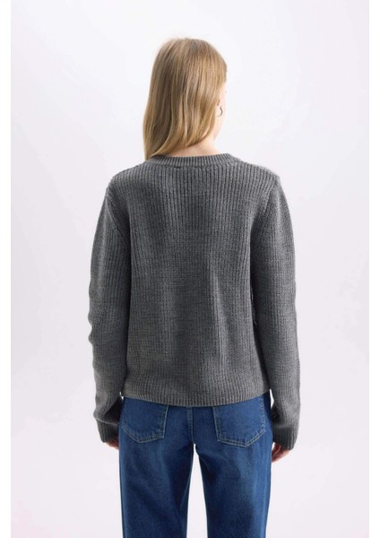 Regular Fit Bisiklet Yaka Bağlamalı Triko Hırka E2271AX24CW