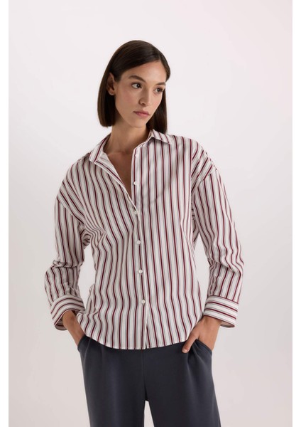 Regular Fit Pijama Yaka Çizgili Poplin Üst-Fall in Love E2351AX24WN