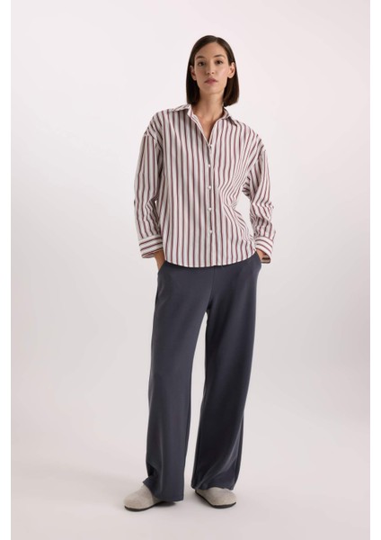 Regular Fit Pijama Yaka Çizgili Poplin Üst-Fall in Love E2351AX24WN