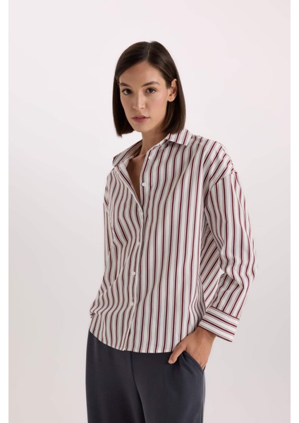 Regular Fit Pijama Yaka Çizgili Poplin Üst-Fall in Love E2351AX24WN