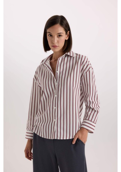 Regular Fit Pijama Yaka Çizgili Poplin Üst-Fall in Love E2351AX24WN