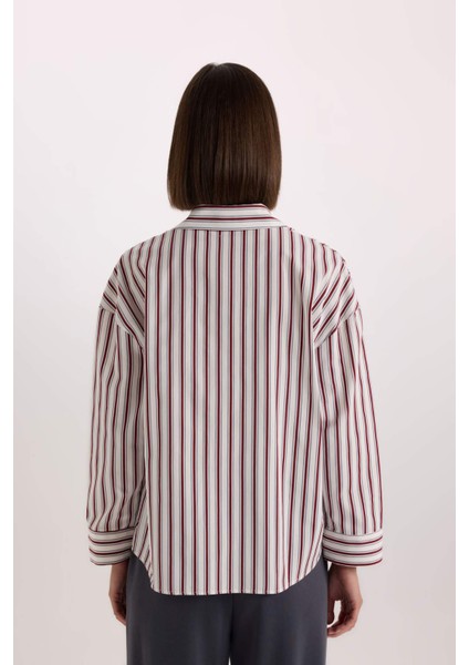 Regular Fit Pijama Yaka Çizgili Poplin Üst-Fall in Love E2351AX24WN