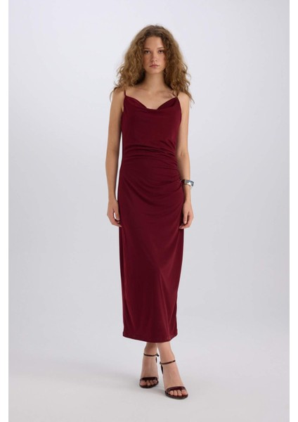 Bodycon Vücudu Saran Degaje Yaka Askılı Maxi Bordo Elbise E1902AX24WN