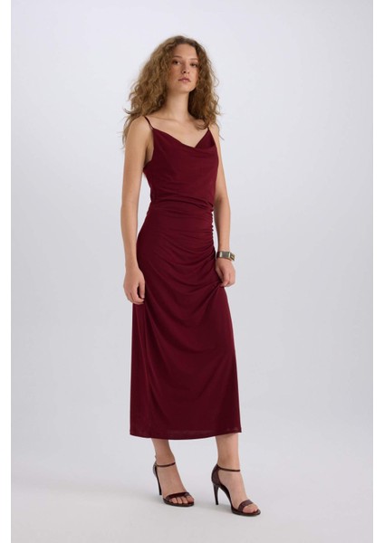 Bodycon Vücudu Saran Degaje Yaka Askılı Maxi Bordo Elbise E1902AX24WN