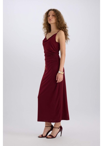 Bodycon Vücudu Saran Degaje Yaka Askılı Maxi Bordo Elbise E1902AX24WN