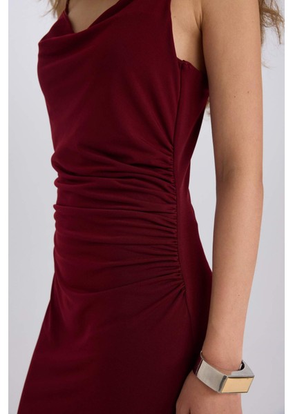 Bodycon Vücudu Saran Degaje Yaka Askılı Maxi Bordo Elbise E1902AX24WN