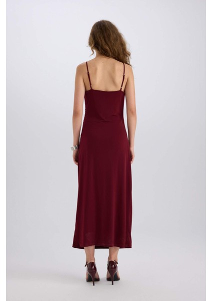 Bodycon Vücudu Saran Degaje Yaka Askılı Maxi Bordo Elbise E1902AX24WN