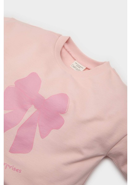 Kız Bebek 2'li Takım Fiyonk Baskılı Sweatshirt Beli Lastikli Eşofman Altı E2866A525SP