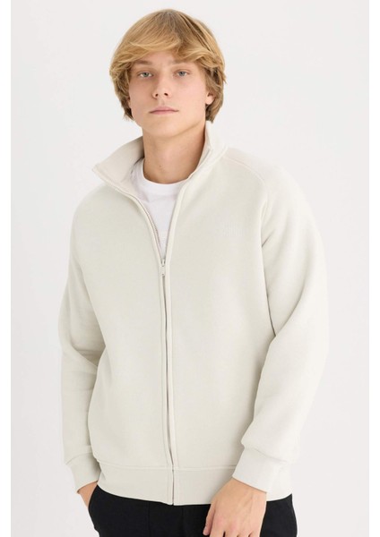 Boxy Fit Dik Yaka Baskılı İçi Yumuşak Tüylü Fermuarlı Sweatshirt E1367AX25SP