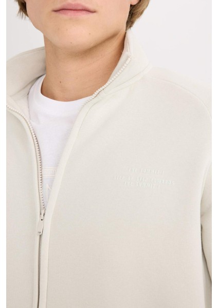 Boxy Fit Dik Yaka Baskılı İçi Yumuşak Tüylü Fermuarlı Sweatshirt E1367AX25SP