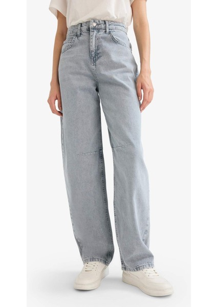 Baggy Fit Yüksek Bel Uzun Jean Yıkamalı Pantolon
