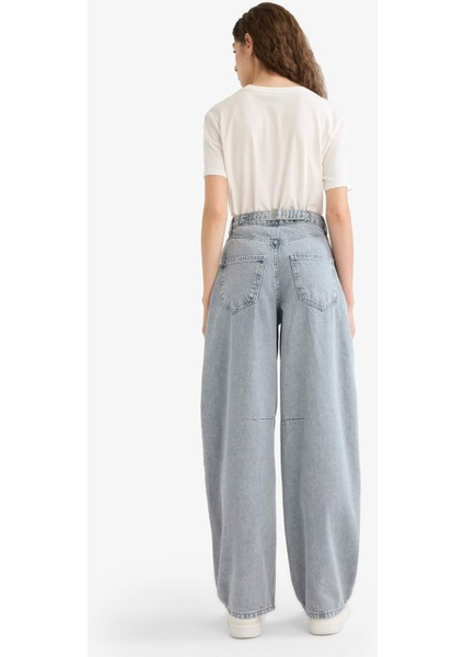 Baggy Fit Yüksek Bel Uzun Jean Yıkamalı Pantolon
