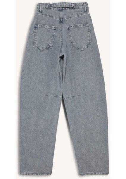 Baggy Fit Yüksek Bel Uzun Jean Yıkamalı Pantolon