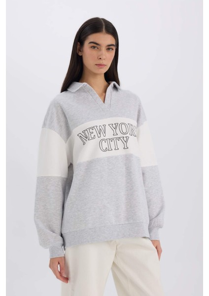 Relax Fit Polo Yaka Baskılı Kalın Sweatshirt