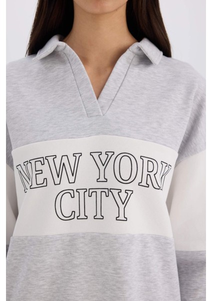 Relax Fit Polo Yaka Baskılı Kalın Sweatshirt