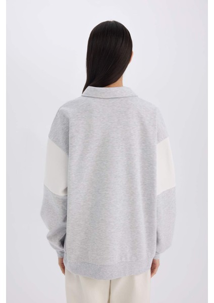 Relax Fit Polo Yaka Baskılı Kalın Sweatshirt
