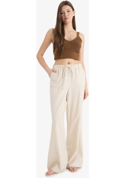 Wide Leg Çift Cepli Beli Lastikli Standart Boy Keten Karışımlı Pantolon E1981AX25SM