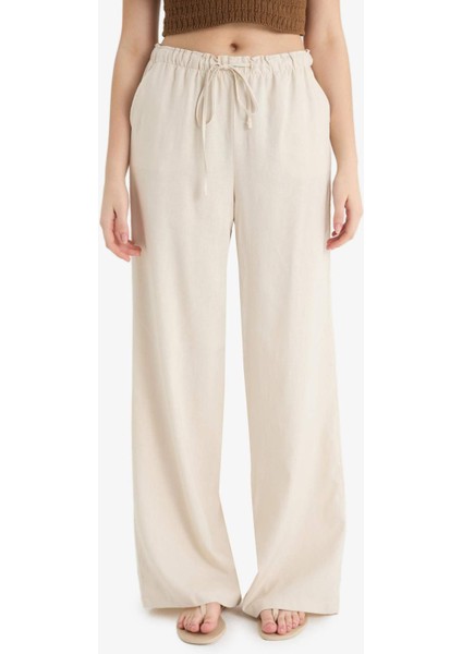 Wide Leg Çift Cepli Beli Lastikli Standart Boy Keten Karışımlı Pantolon E1981AX25SM