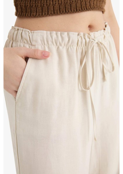 Wide Leg Çift Cepli Beli Lastikli Standart Boy Keten Karışımlı Pantolon E1981AX25SM