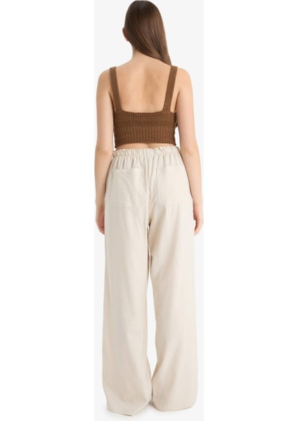 Wide Leg Çift Cepli Beli Lastikli Standart Boy Keten Karışımlı Pantolon E1981AX25SM