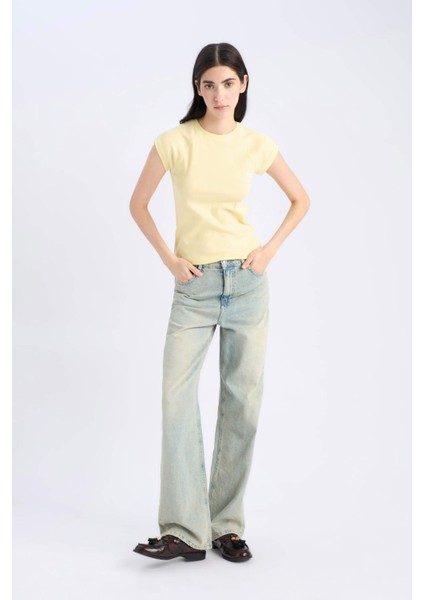 Slim Fit Dar Kesim Bisiklet Yaka Basic Düz Ribana Kısa Kollu Tişört C7334AX25SP